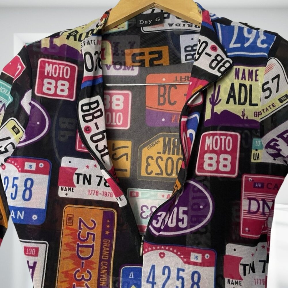 DAY G Retro Y2K License Plate Print Sheer Zipper Bodysuit Leotard - Rare Pop Art - Picture 3 of 12